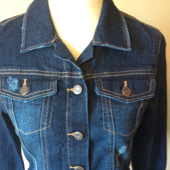 L.e.i. Dark Blue Distressed Jean Jacket Juniors Size S, NWT - Picture 16 of 16
